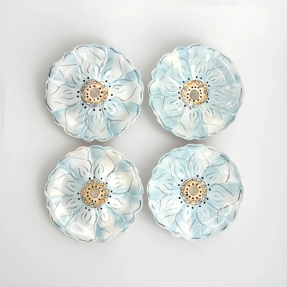 Set of 4 Pier 1 Cassidy Salad Dessert Plates Blue With Crème (Cream) Flower 7.5